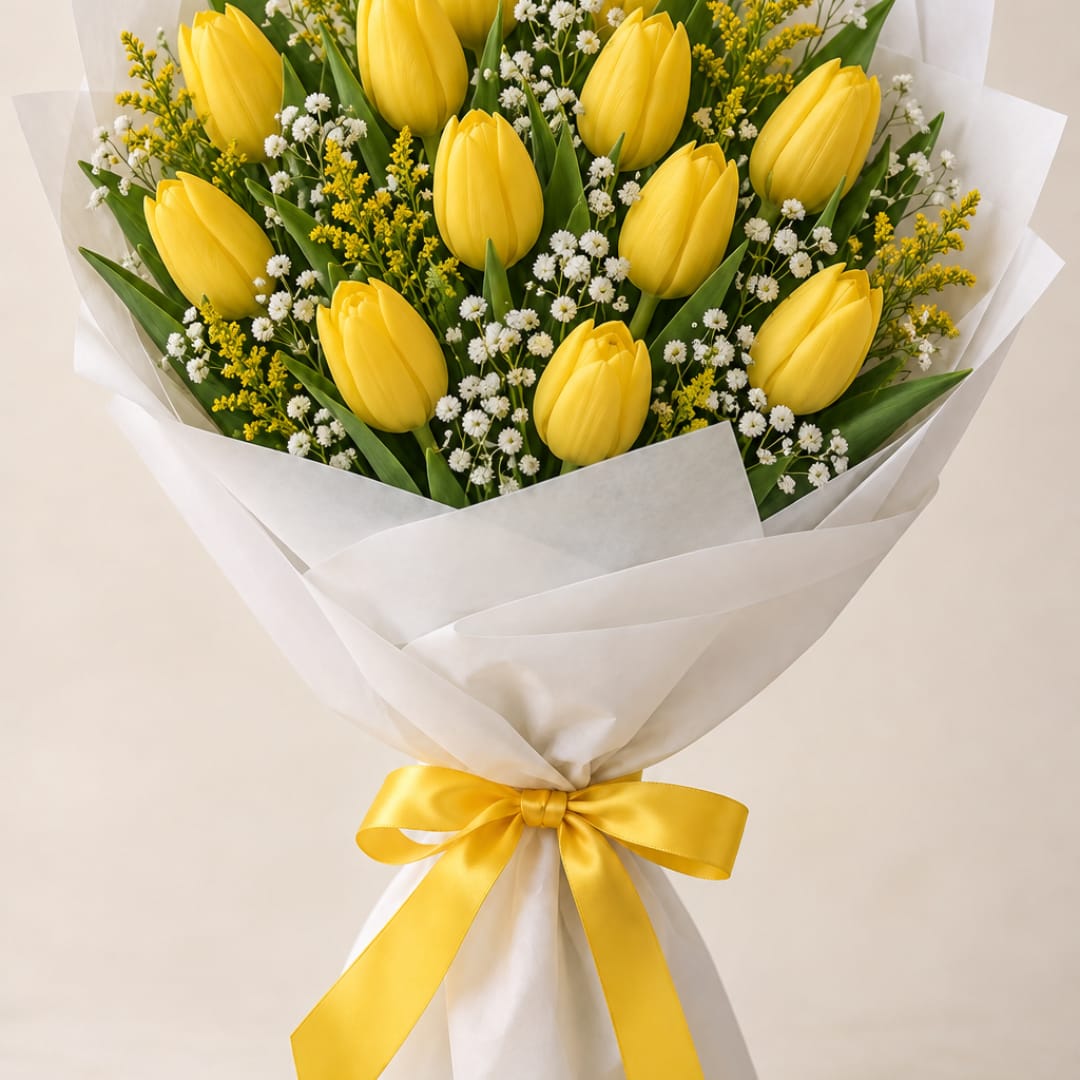 Bouquet of yellow tulips with white filler flowers wrapped in white paper