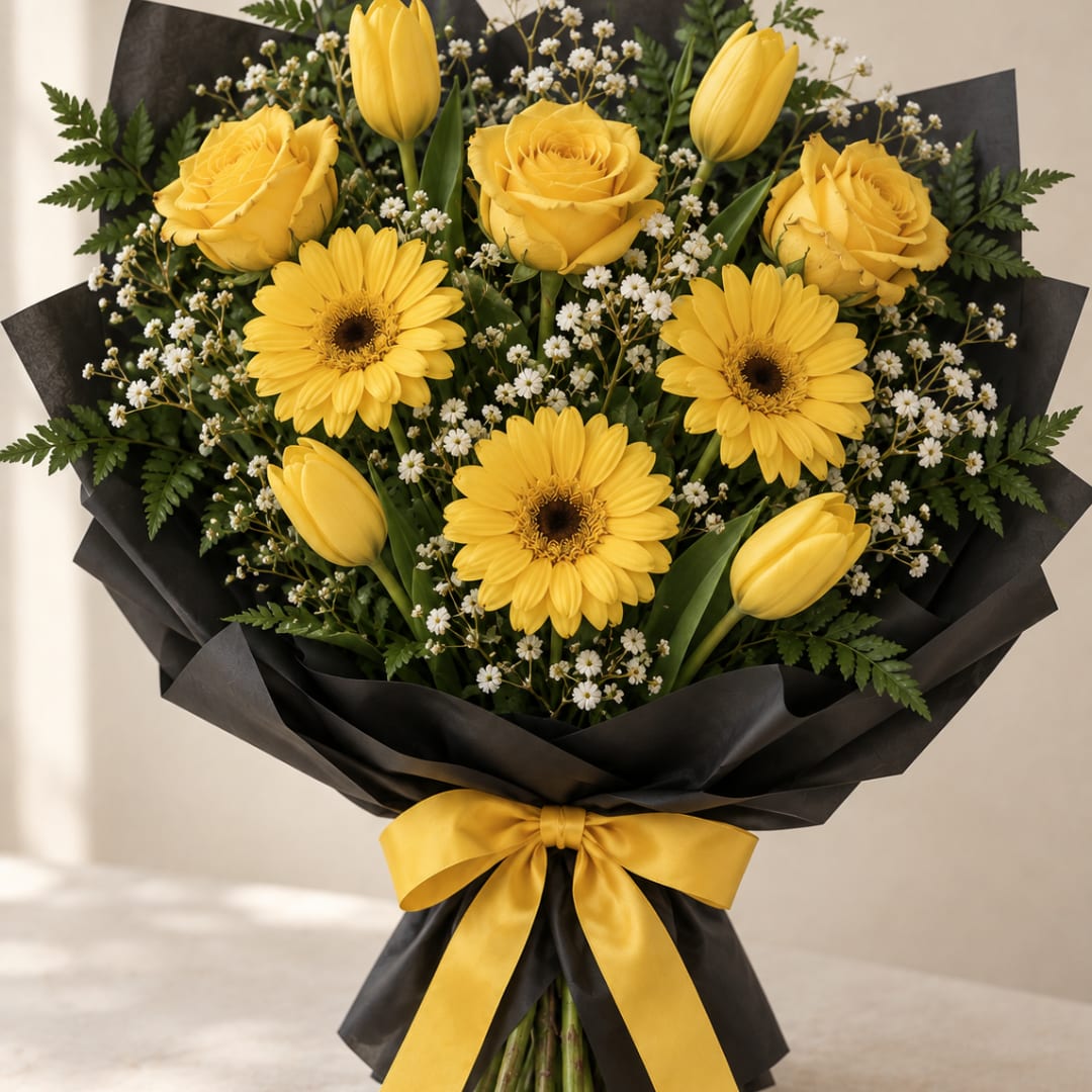Yellow roses and gerbera daisies with tulips in black wrap and a yellow ribbon