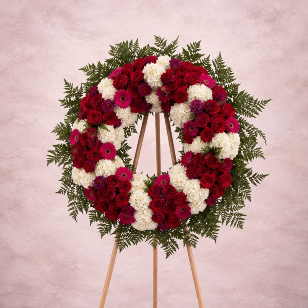 Circular floral wreath on a wooden easel with red, white, and pink flowers