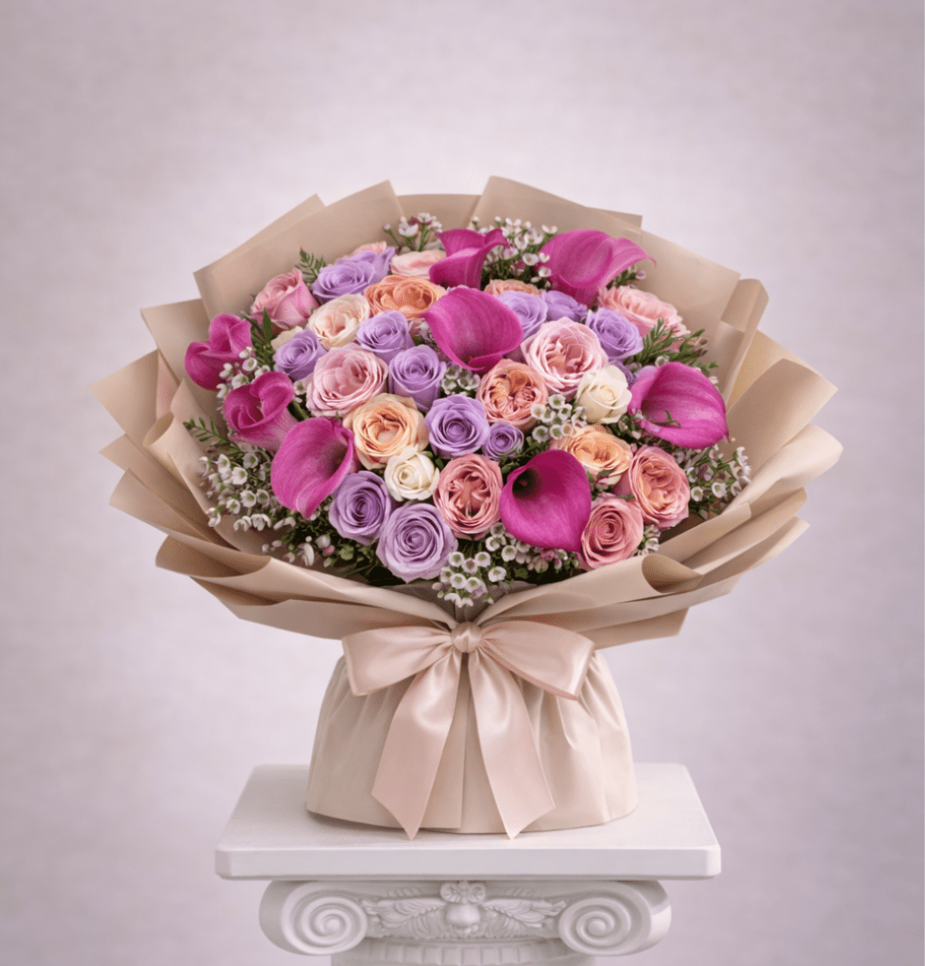 Bouquet of pink, lavender, and peach roses with magenta calla lilies