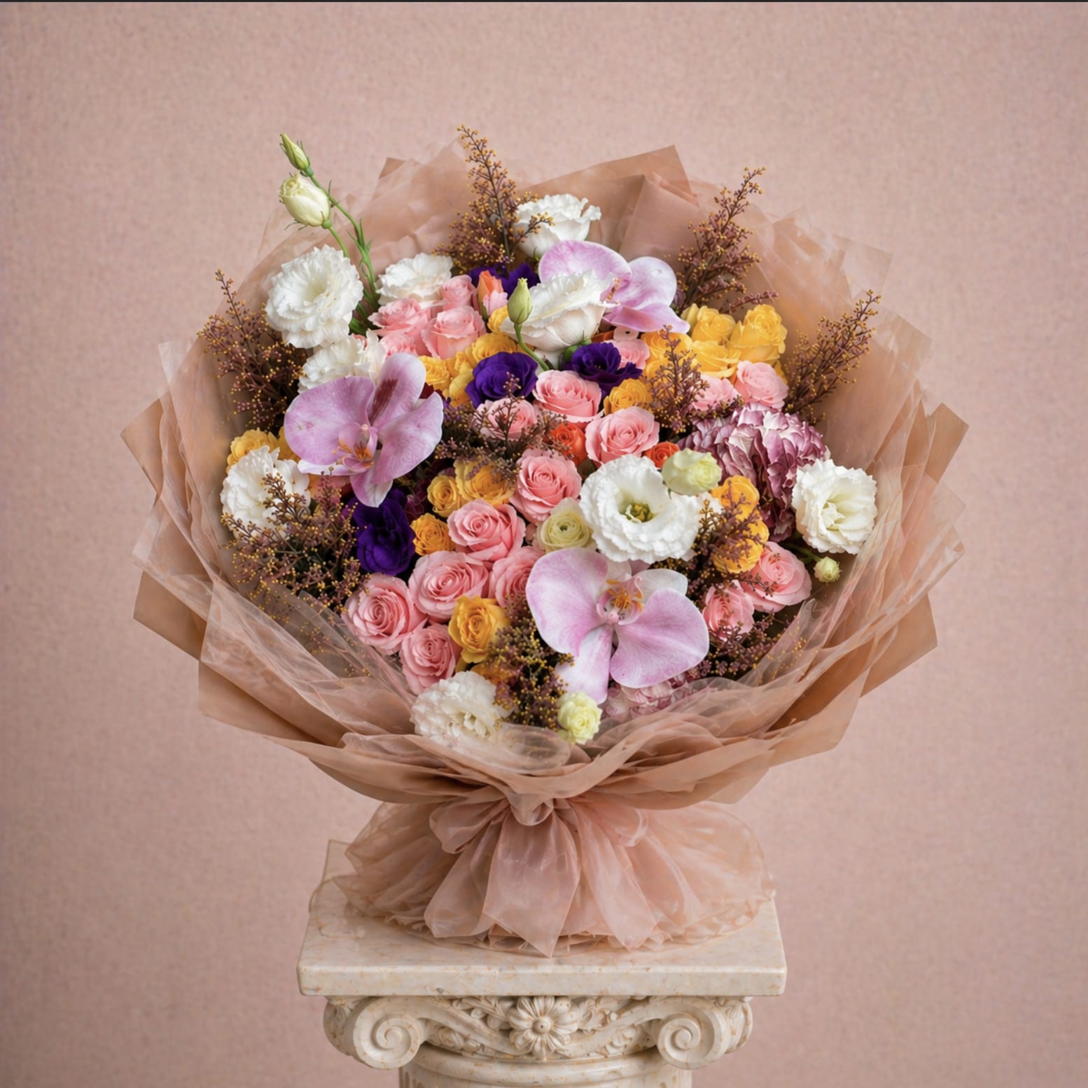 Cocoa blossom - Brighten any space with our Elegant Flower Bouquet! Bursting with vibrant blooms, this stunning arrangement features seasonal favorites paired with lush greenery for a breathtaking display.  Perfect for any occasion, it makes an ideal gift or a special treat for yourself. Elevate your decor with this captivating bouquet that brings joy and sophistication to your home or office.  Order yours today and let the beauty of flowers inspire you!
