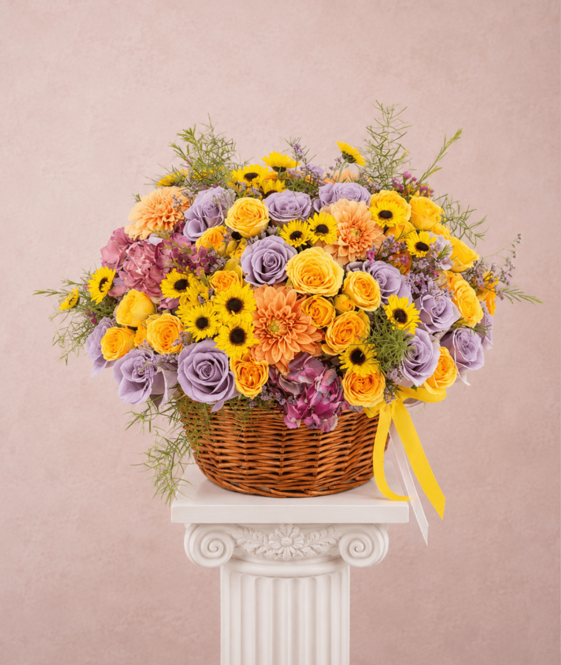 Golden Hour - Brighten any space with our Elegant Flower basket Arrangement! Bursting with vibrant blooms, this stunning display combines seasonal favorites with lush fillers.  Housed in a chic, reusable container, it makes a perfect centerpiece for any occasion be it a gift or a treat for yourself. Elevate your decor with this captivating arrangement that brings joy and sophistication to your home or office. Order yours today and let the beauty of flowers inspire you!
