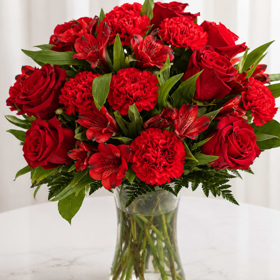 Red roses and carnations in a clear glass vase