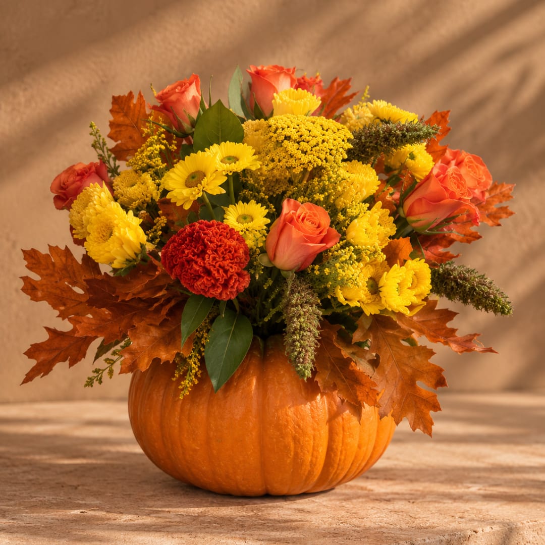 Fall bouquet in a pumpkin with orange roses and yellow flowers