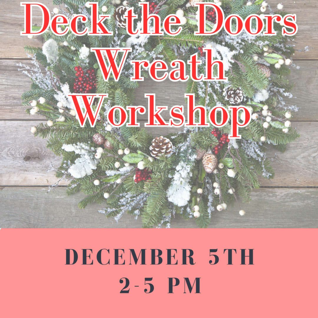 Holiday wreath with pinecones and berries, overlaid with workshop text