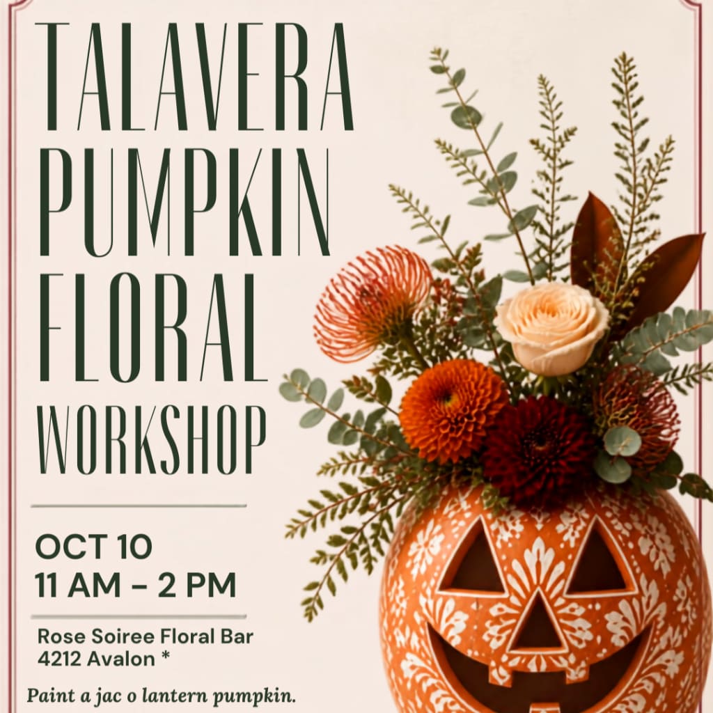 Pumpkin floral workshop poster with a jack-o'-lantern arrangement