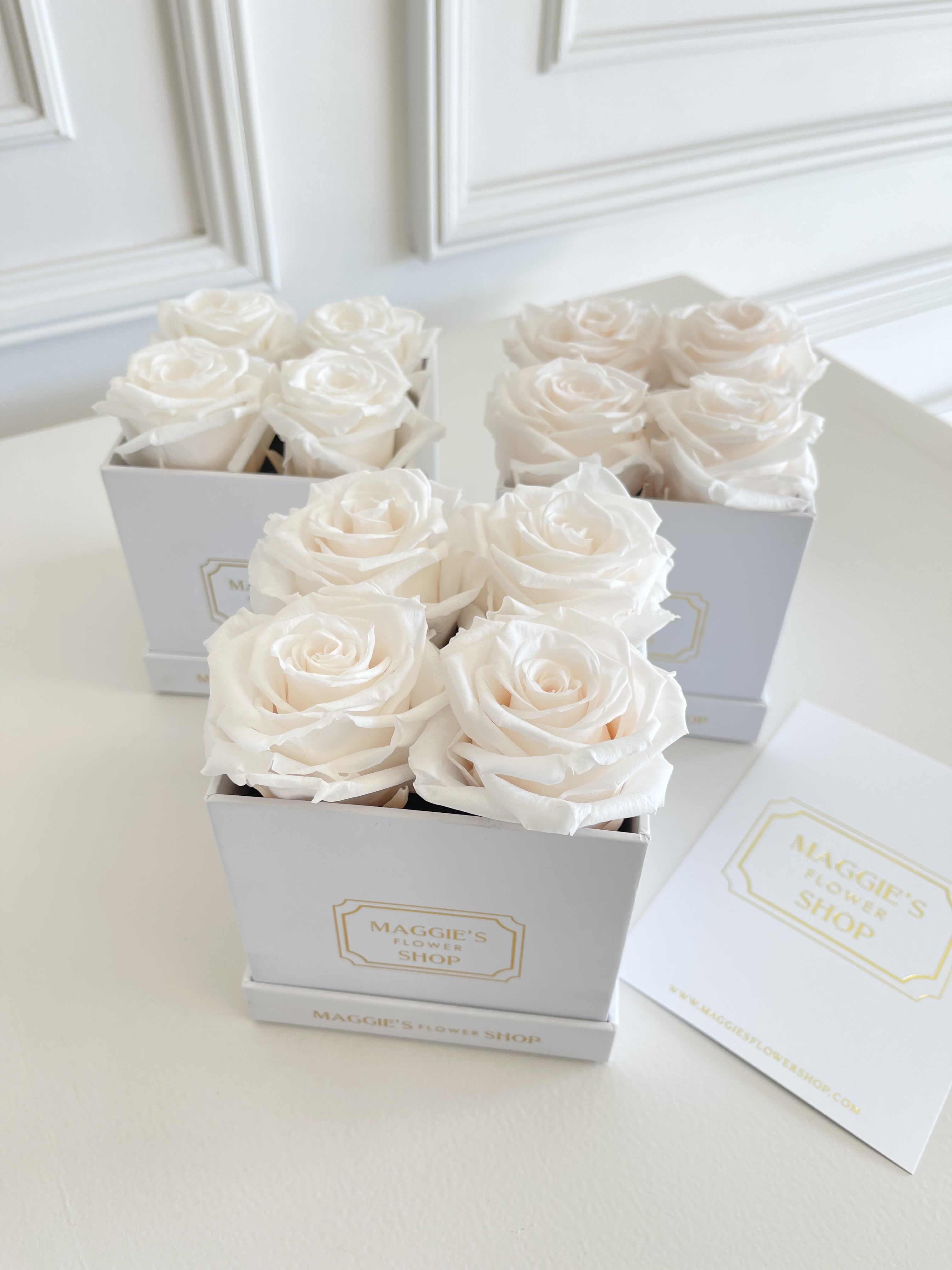 White roses arranged in square gift boxes