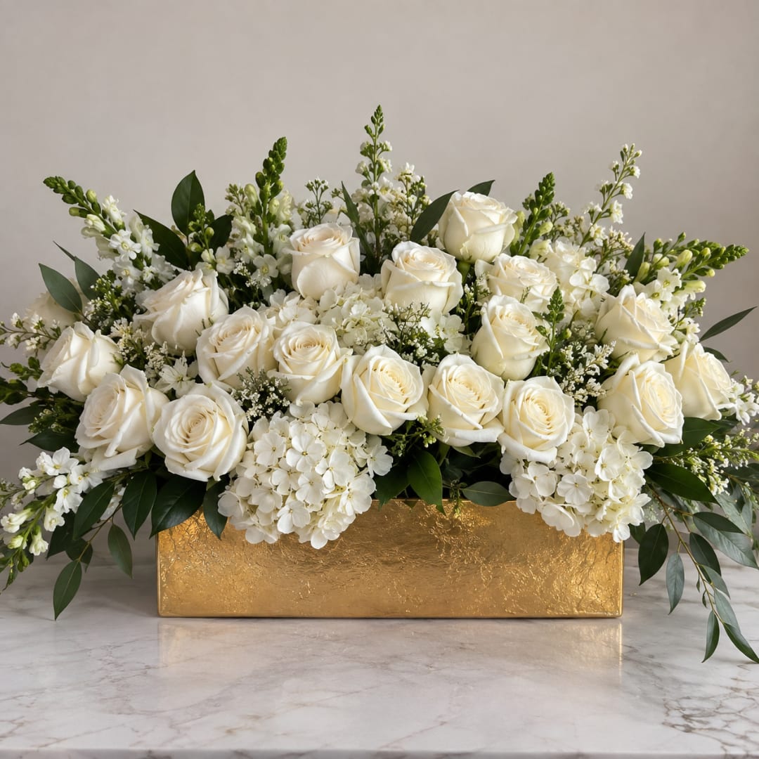 White rose arrangement in a gold rectangular container