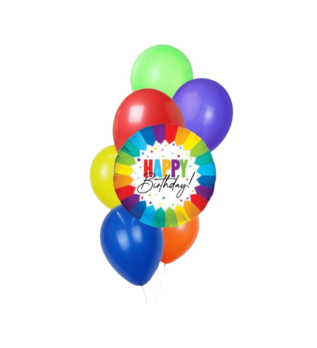  Bright Birthday Balloon Bouquet - A burst of color and celebration, this Bright Birthday Balloon Bouquet is the perfect party-ready add-on for a birthday gift or surprise. The centerpiece is a round foil "Happy Birthday" balloon with a multicolored geometric border that catches the eye, surrounded by a cheerful cluster of mixed-color latex balloons in shades of blue, red, yellow, green, orange and purple-an energetic display that works for kids' parties or grown-up celebrations alike.  The bouquet includes one printed round foil balloon and multiple coordinating latex balloons gathered into a compact, festive cluster that sits nicely on tabletops or floats at entryways. The mix of bold primaries and bright secondary hues creates a playful contrast and a lively silhouette that complements bouquets, gift boxes, or party décor. Order as an add-on to flowers or gifts to make the person you're celebrating feel instantly seen; sizing and inflation are handled by us so it arrives ready to brighten the room.