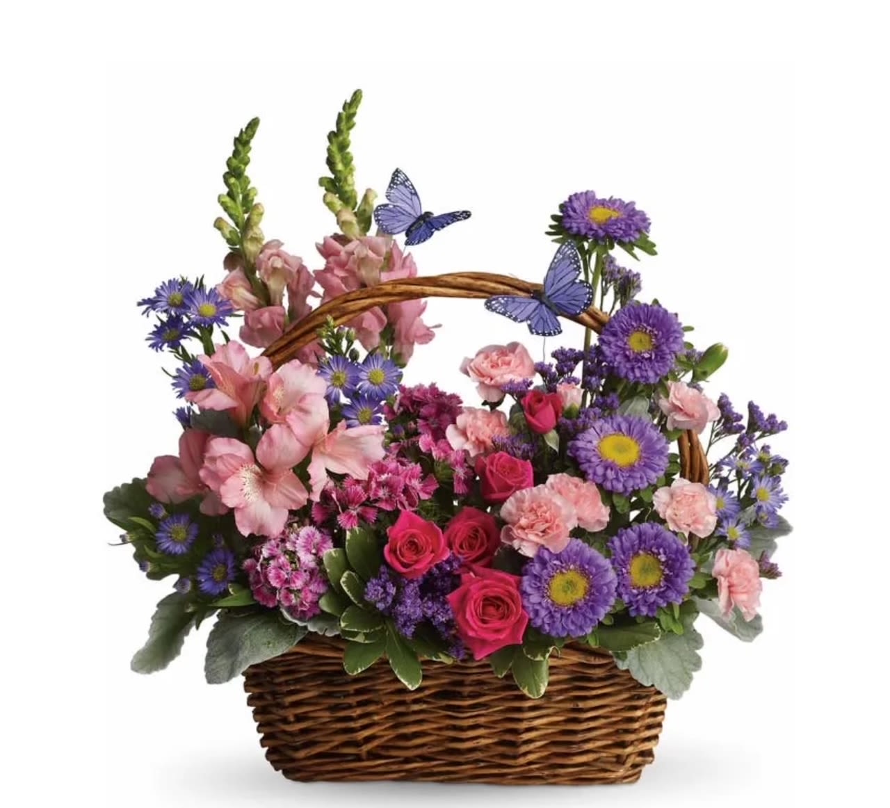 Colorful basket of pink roses, carnations, and purple daisies with decorative butterflies.