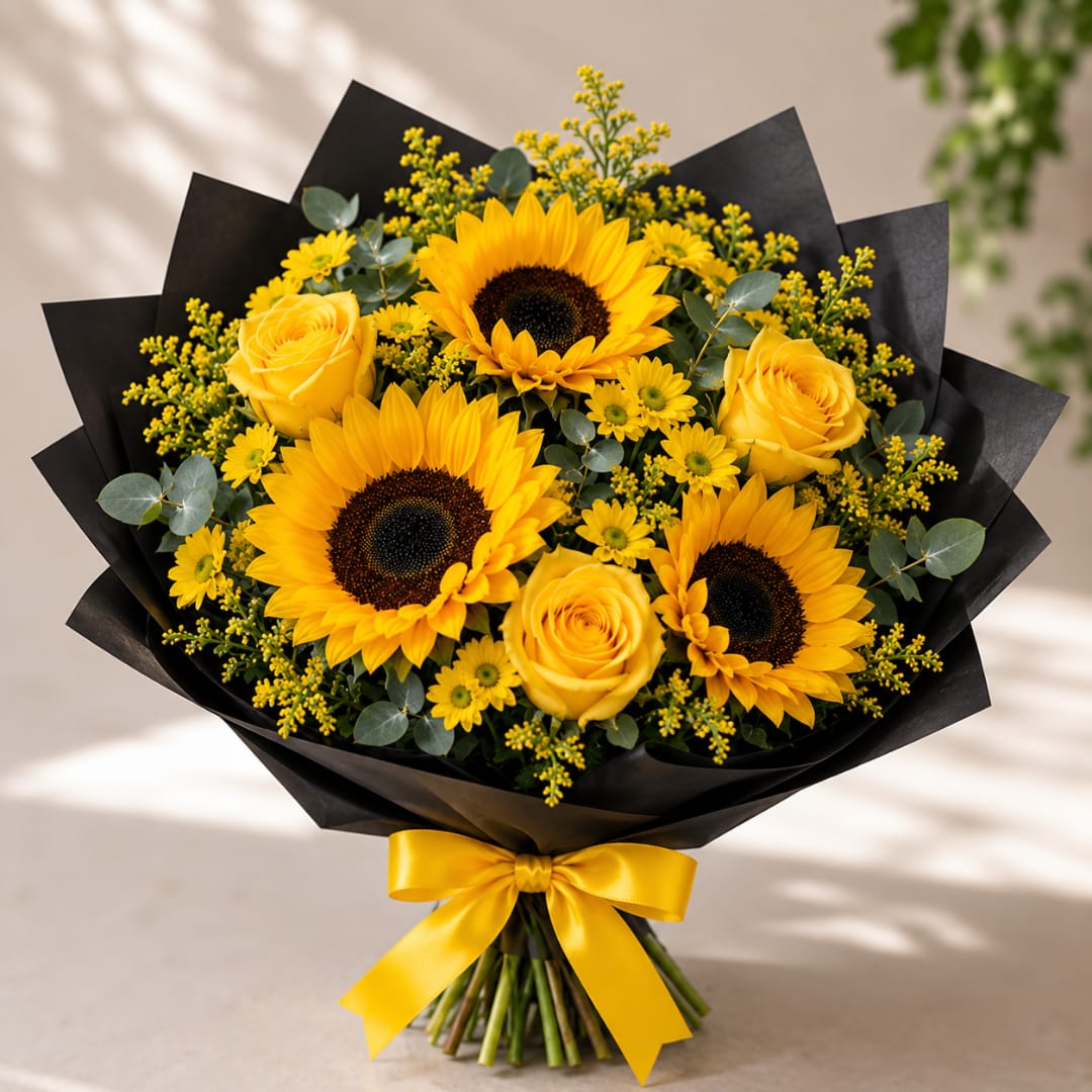 Bouquet of yellow sunflowers and roses wrapped in black paper with a yellow ribbon