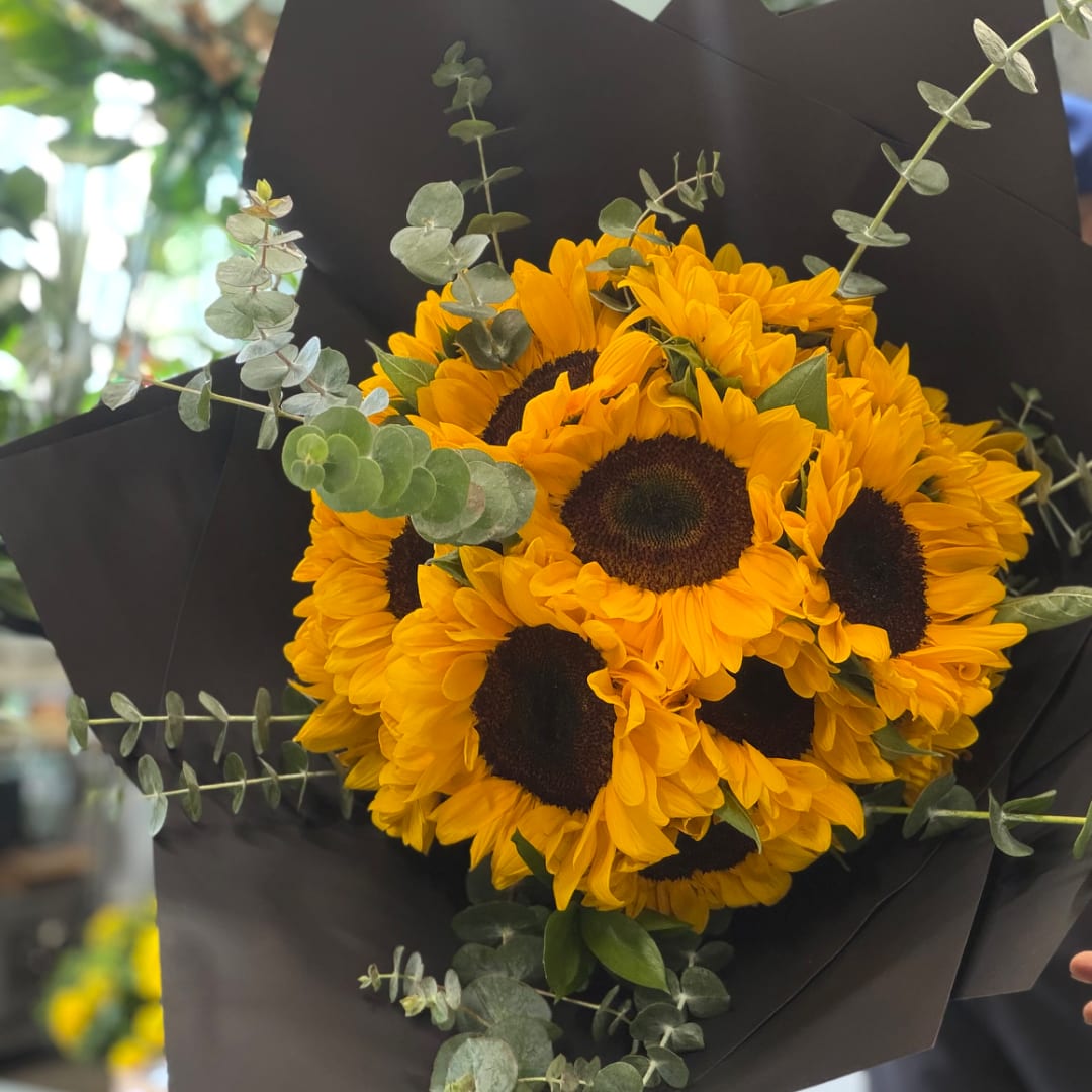 Bouquet of sunflowers wrapped in black paper with eucalyptus accents