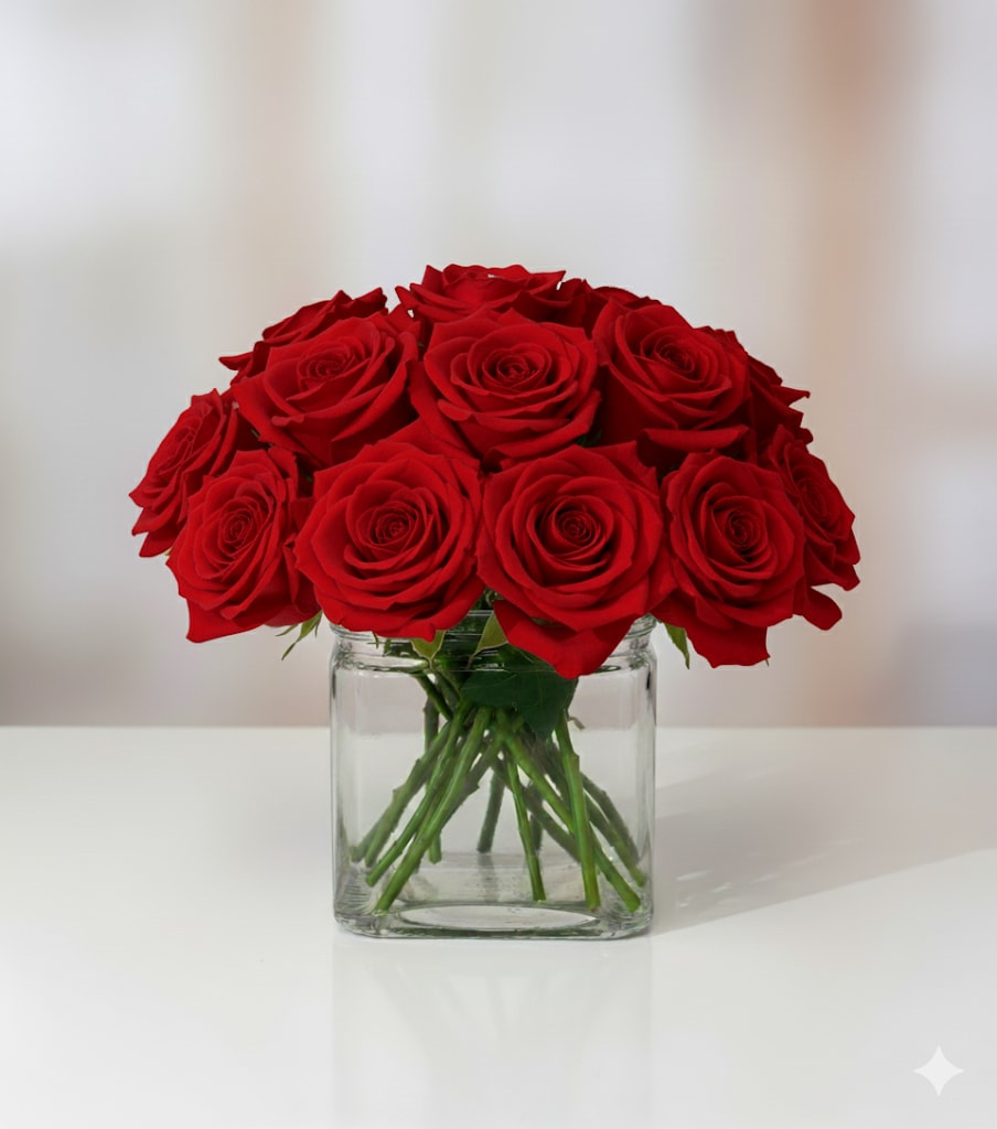 Red roses arranged in a clear glass vase