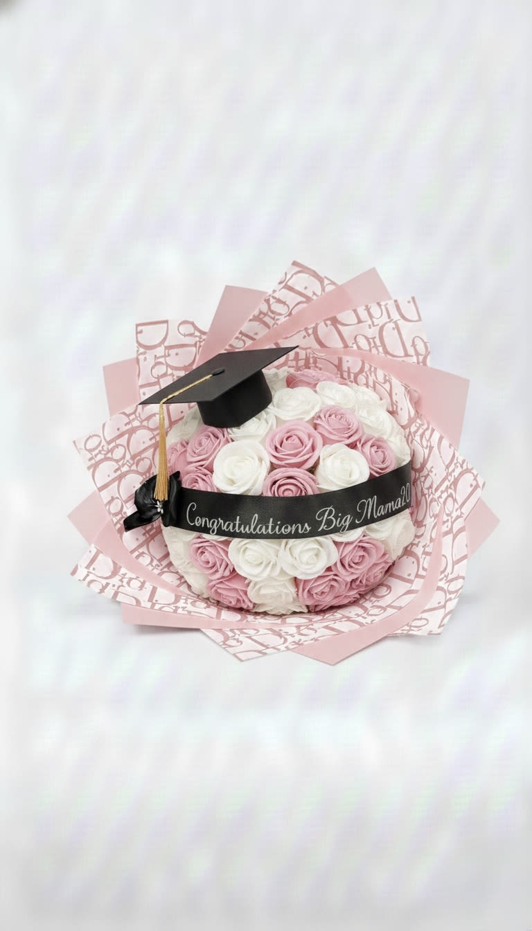 Pink and white rose bouquet with a graduation cap topper