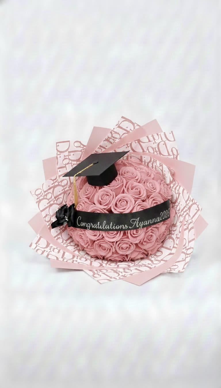 Pink rose bouquet with a graduation cap and congratulatory ribbon