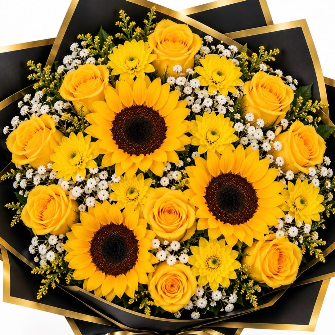 Bouquet of yellow roses, sunflowers, and small white flowers in black wrap