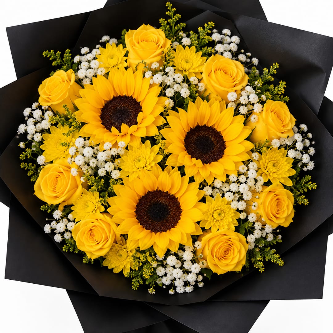 Bouquet of yellow roses and sunflowers with small white filler flowers