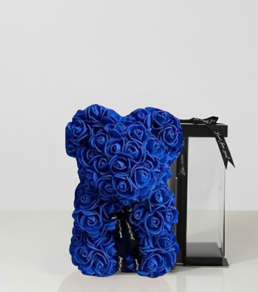 Blue rose teddy bear with a black gift box