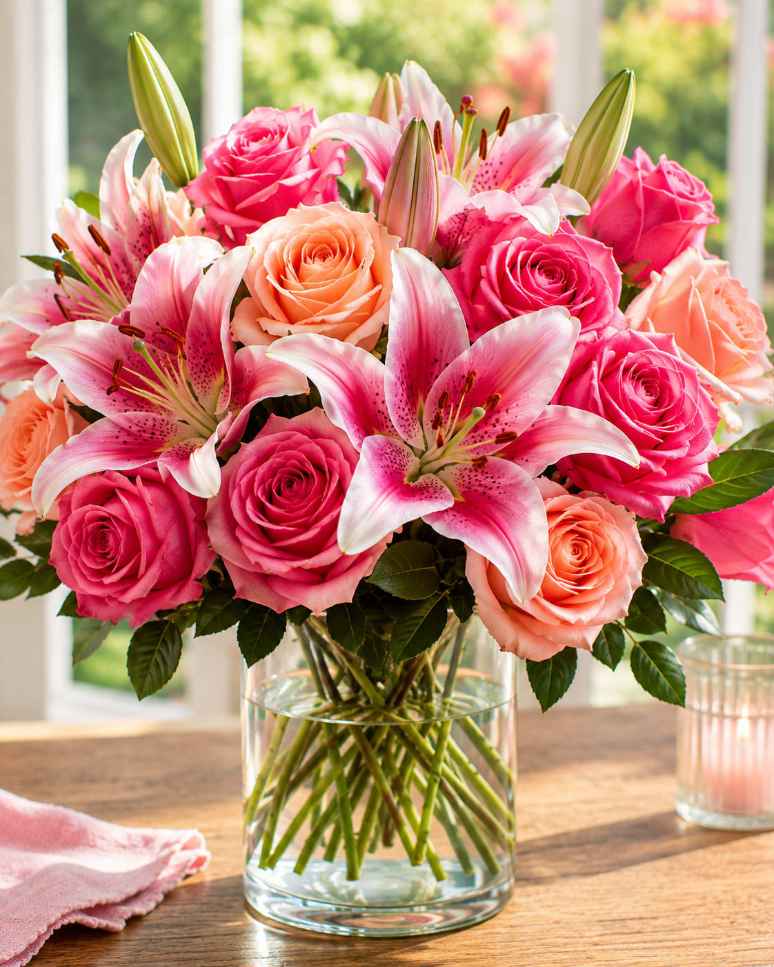 Blushing Garden Elegance - A romantic blend of vibrant pink roses and fragrant stargazer lilies arranged in a clear glass vase. This lush bouquet brings softness, beauty, and timeless charm to any room or celebration.
