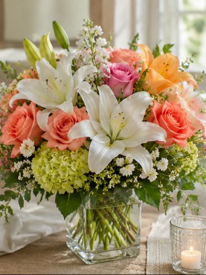 Peaches &amp; Cream Delight - Crisp white lilies paired with peach roses and fresh hydrangeas create a sophisticated bouquet full of warmth, elegance, and natural beauty.