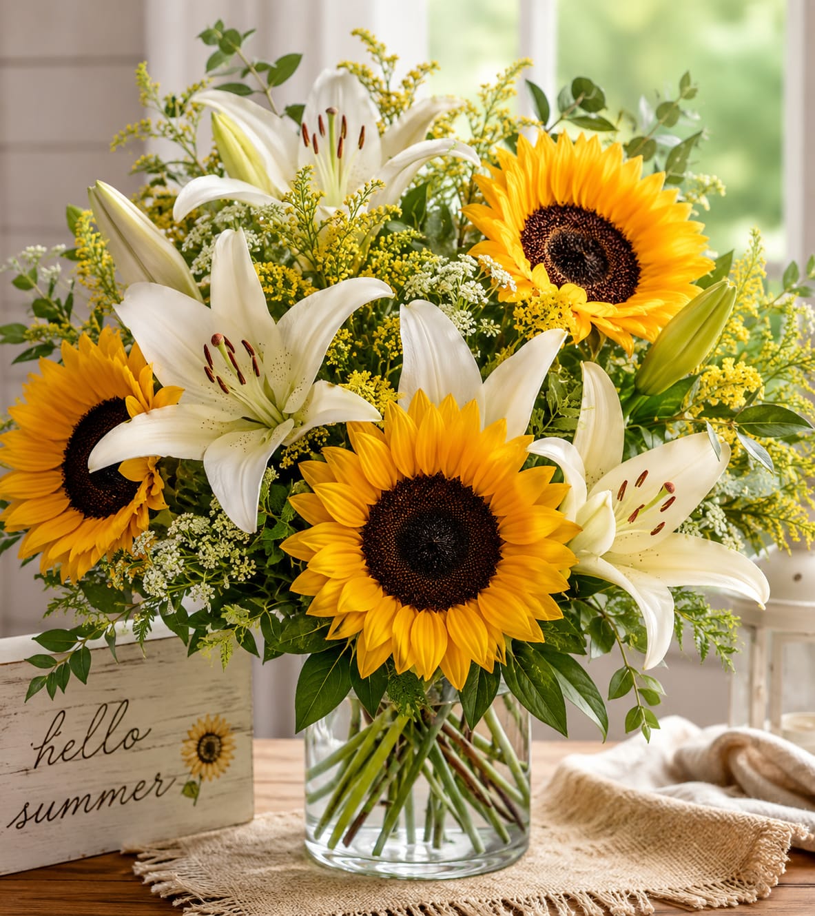 Golden Summer Bliss - Bold sunflowers paired with elegant white lilies and vibrant seasonal greenery create a stunning bouquet inspired by sunny afternoons and countryside beauty.