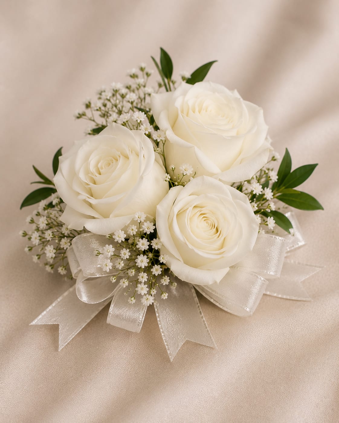 Classic White Elegance Corsage - A simple and sophisticated corsage crafted with pristine white roses, delicate baby’s breath, and fresh greenery accented by a sheer white ribbon. Perfect for graduations, proms, and special occasions with a clean, timeless look.