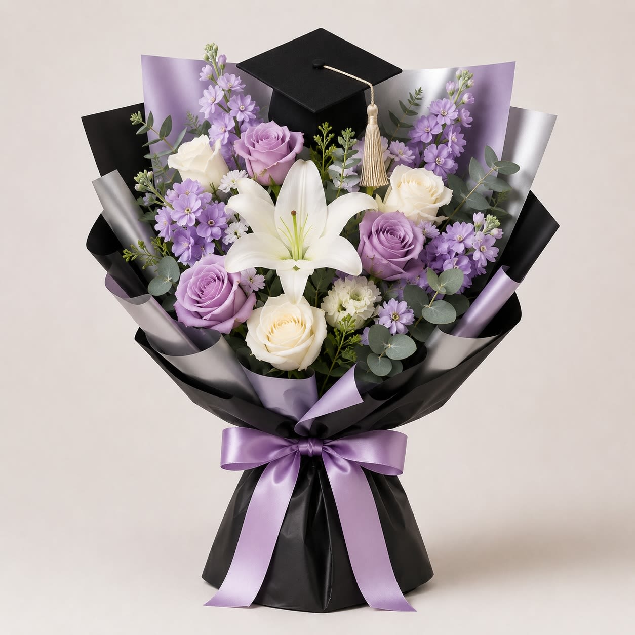 Lavender Luxe Graduation Bouquet - Soft lavender roses, elegant white lilies, and delicate purple blooms come together in this sophisticated graduation bouquet. Wrapped in sleek black paper with a satin lavender bow, this arrangement is the perfect way to celebrate a graceful and accomplished graduation in style.