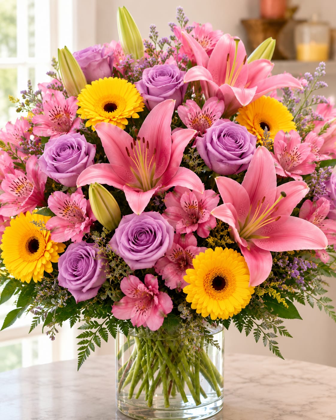 Sunset Garden - Bursting with bold color, Sunset Garden features radiant pink lilies, soft lavender roses, sunny yellow gerbera daisies, and delicate pink alstroemeria. Finished with airy purple filler flowers and fresh greenery, this vibrant arrangement captures the warmth and beauty of a summer sunset, making it an unforgettable gift for birthdays, celebrations, or simply to make someone smile.