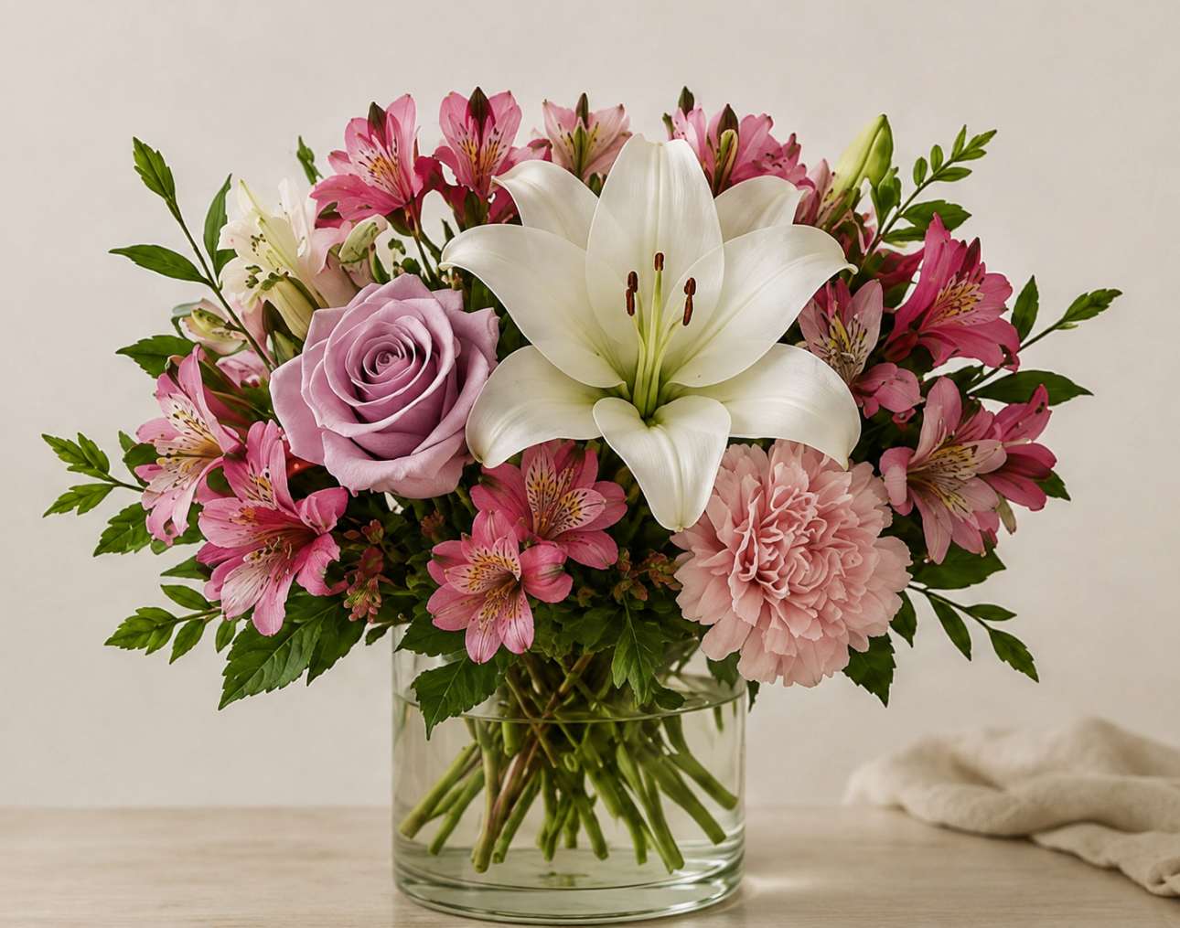 Pink and white bouquet with a lily and rose in a glass vase