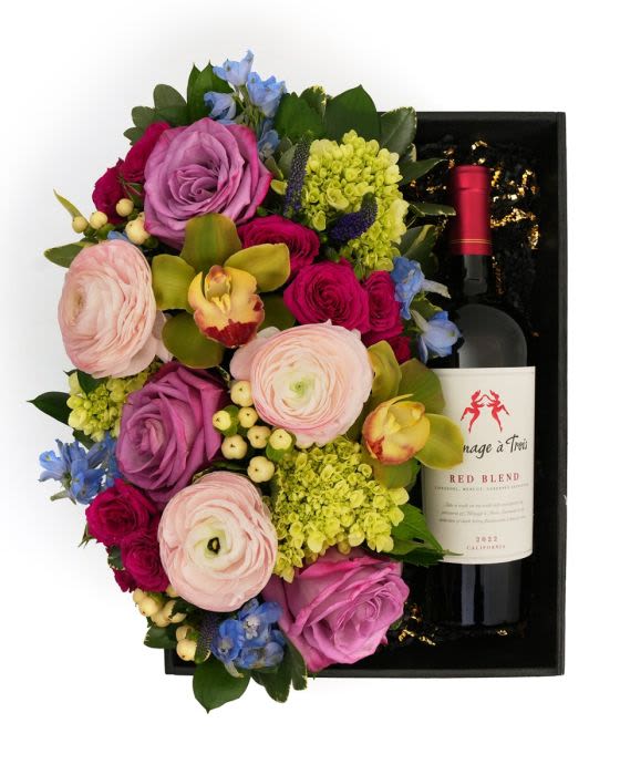 Flora Box Pastel Menage A Trois - A pastel floral arrangement in a wood box paired with Menage a Trois, a thoughtful gift to enjoy and share.