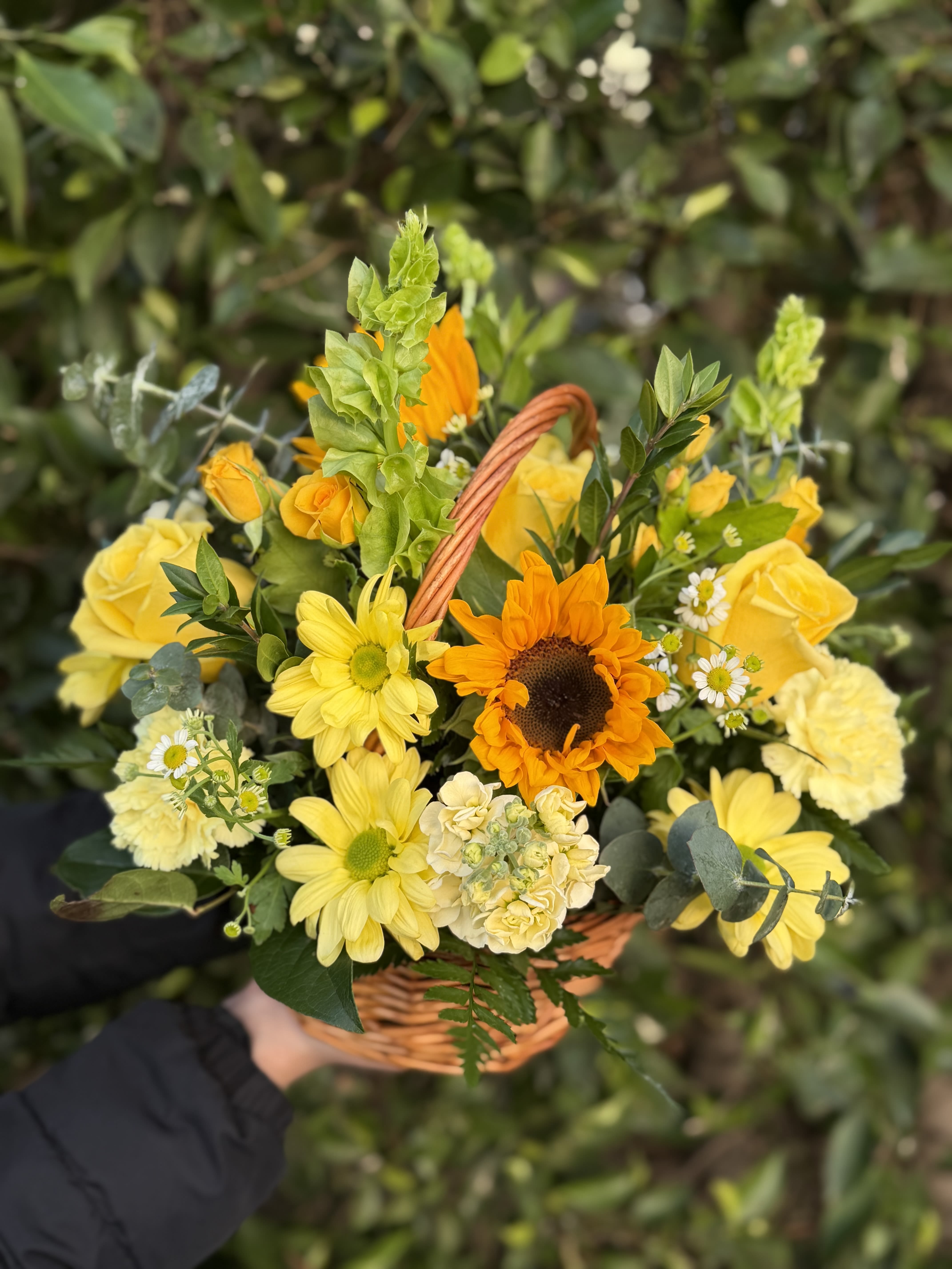 Sunshine Garden Basket  -  A vibrant basket arrangement filled with layered yellow florals and soft greenery, capturing the beauty of a blooming garden in full sunlight. Designed to feel organic, abundant, and full of life.