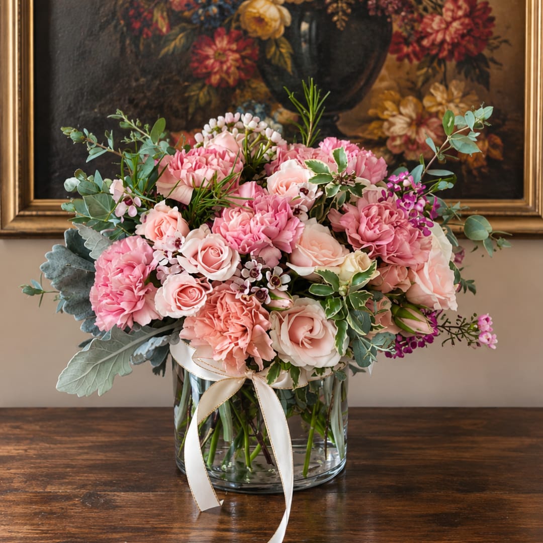 Pink and peach bouquet in a glass vase with a white ribbon