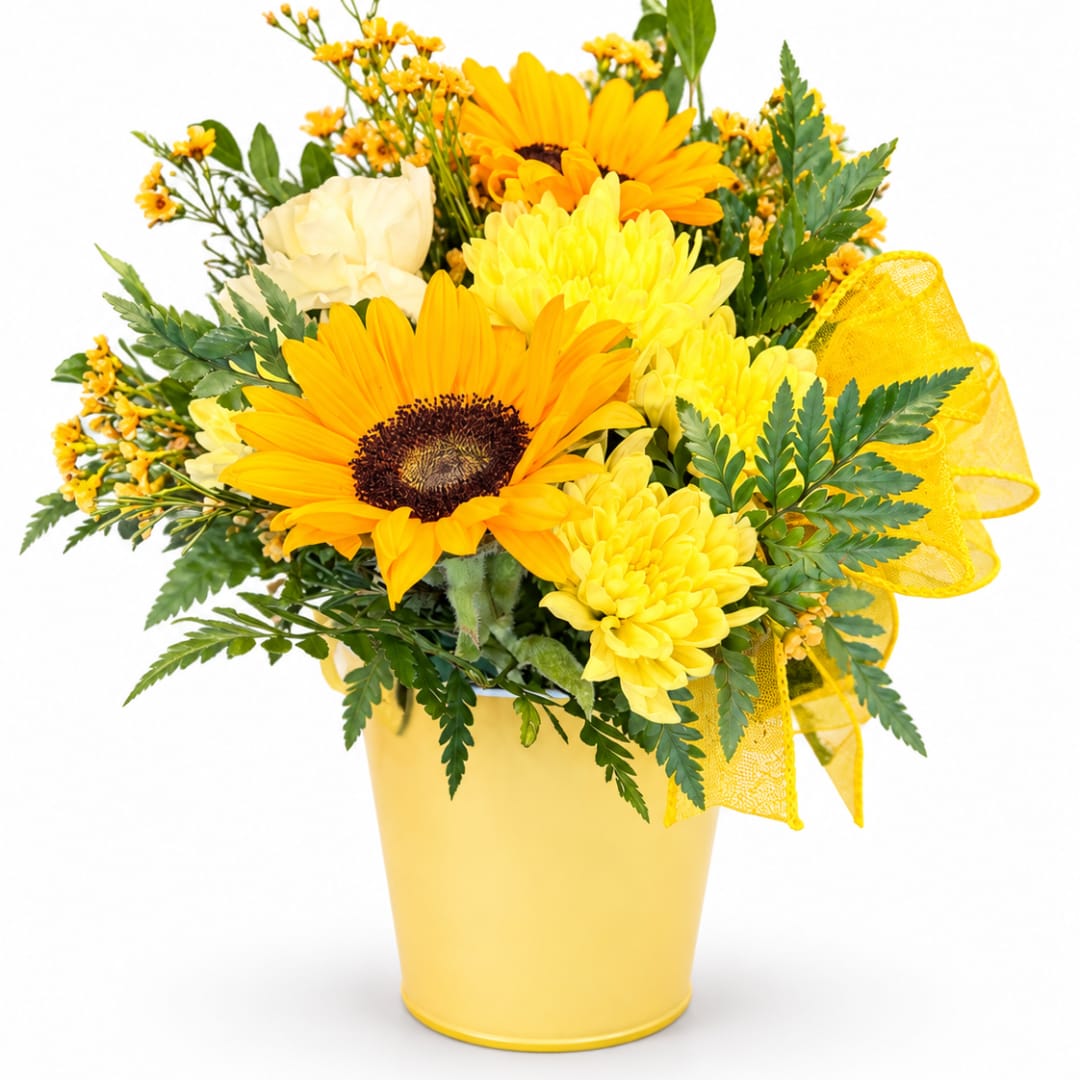 Yellow bouquet with sunflowers and mums in a yellow pot