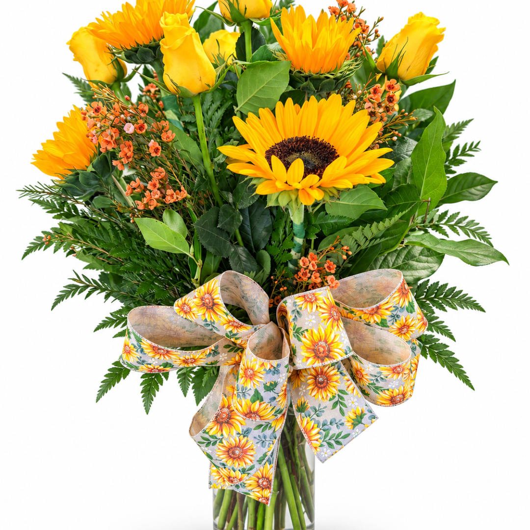 Bouquet of yellow sunflowers and roses with a sunflower-print ribbon
