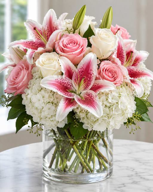 Pink roses and stargazer lilies in a clear glass vase
