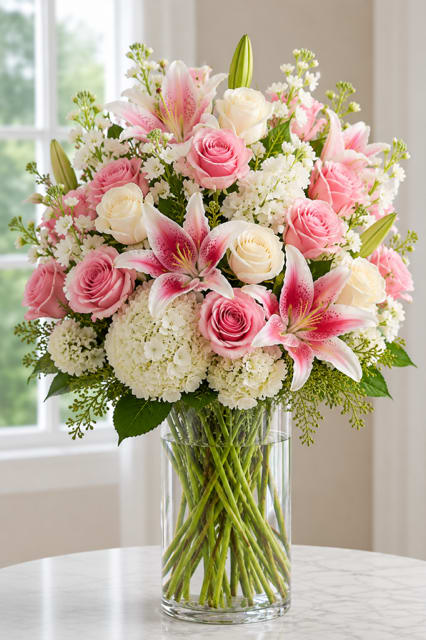 Pink roses and lilies arranged in a clear glass vase