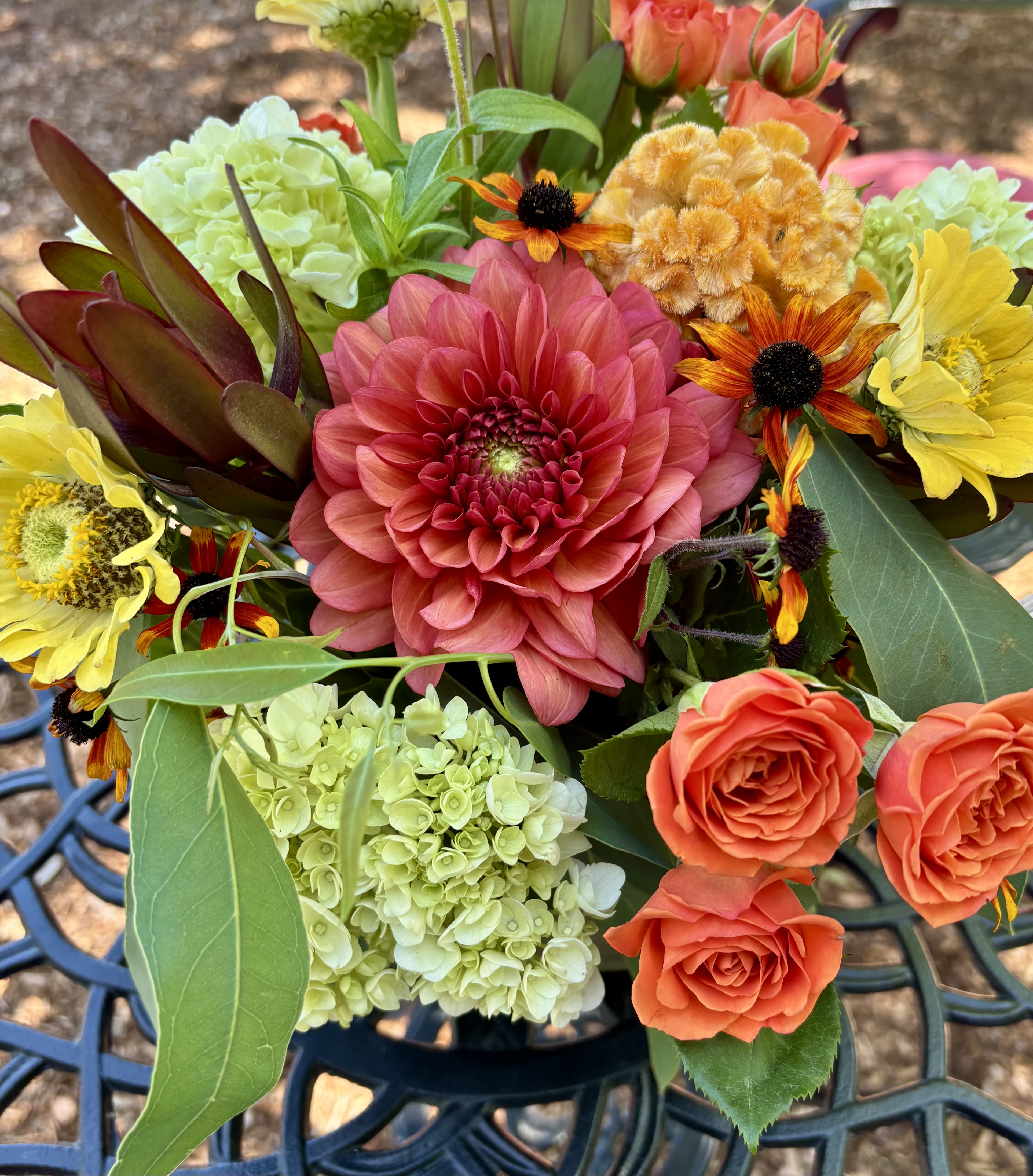 Fall in Love Bouquet (Designer's Choice) - Mixed Color Autumn Arrangement - All things sugar and spice. Our monthly bouquet is filled with all of the wonderful flowers and greenery the season has to offer. From heirloom chrysanthemums, berries, calla lilies, protea, ornamental kale, leucadendron and lots of lush evergreens/eucalyptus to just name a few. Flowers &amp; greenery will be wrapped and hand-tied in our signature wrap.   Every effort will be made to recreate your chosen design. Please note that from time to time due to product availability and quality we may need to make substitutions. We will make sure to keep the original design in mind when making substitutions.