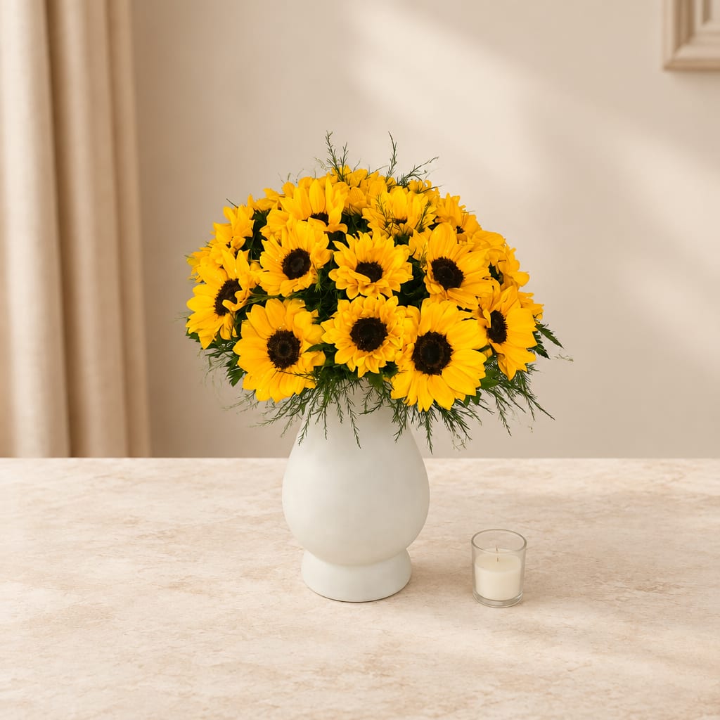 Yellow sunflowers arranged in a white vase with a small candle beside it