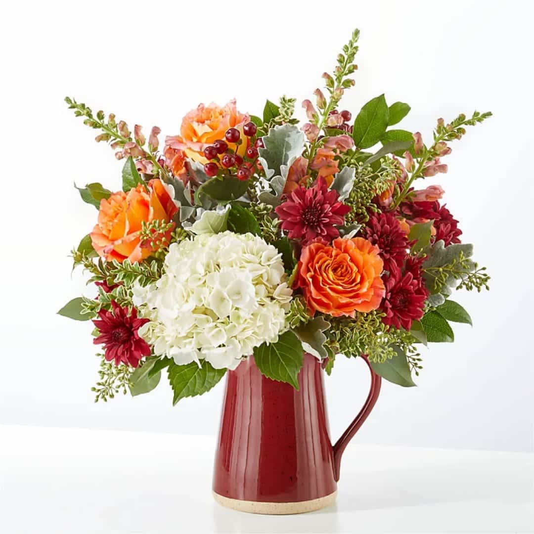 Fall's Finest - A generous white hydrangea crown anchors this garden-style flower arrangement, surrounded by warm orange roses, deep red chrysanthemums and soft pink snapdragon spikes - a fall-inspired bouquet perfect as an autumn centerpiece, birthday bouquet, or cheerful thank-you gift. The glossy red ceramic pitcher vase gives the mix a rustic polish and festive pop, so the person you're thinking of will feel celebrated the moment it arrives.  The design reads full and layered, with mixed greenery, berry-like accents and smaller filler blooms woven through for texture and movement. Colors include creams, orange, burgundy, pink and touches of green; the asymmetrical, loose composition measures as a naturally abundant spread ideal for tabletops or an entry console. Arrives arranged in the included ceramic pitcher vase ready to display; to keep blooms fresh, change the water every couple of days and recut stems as needed.