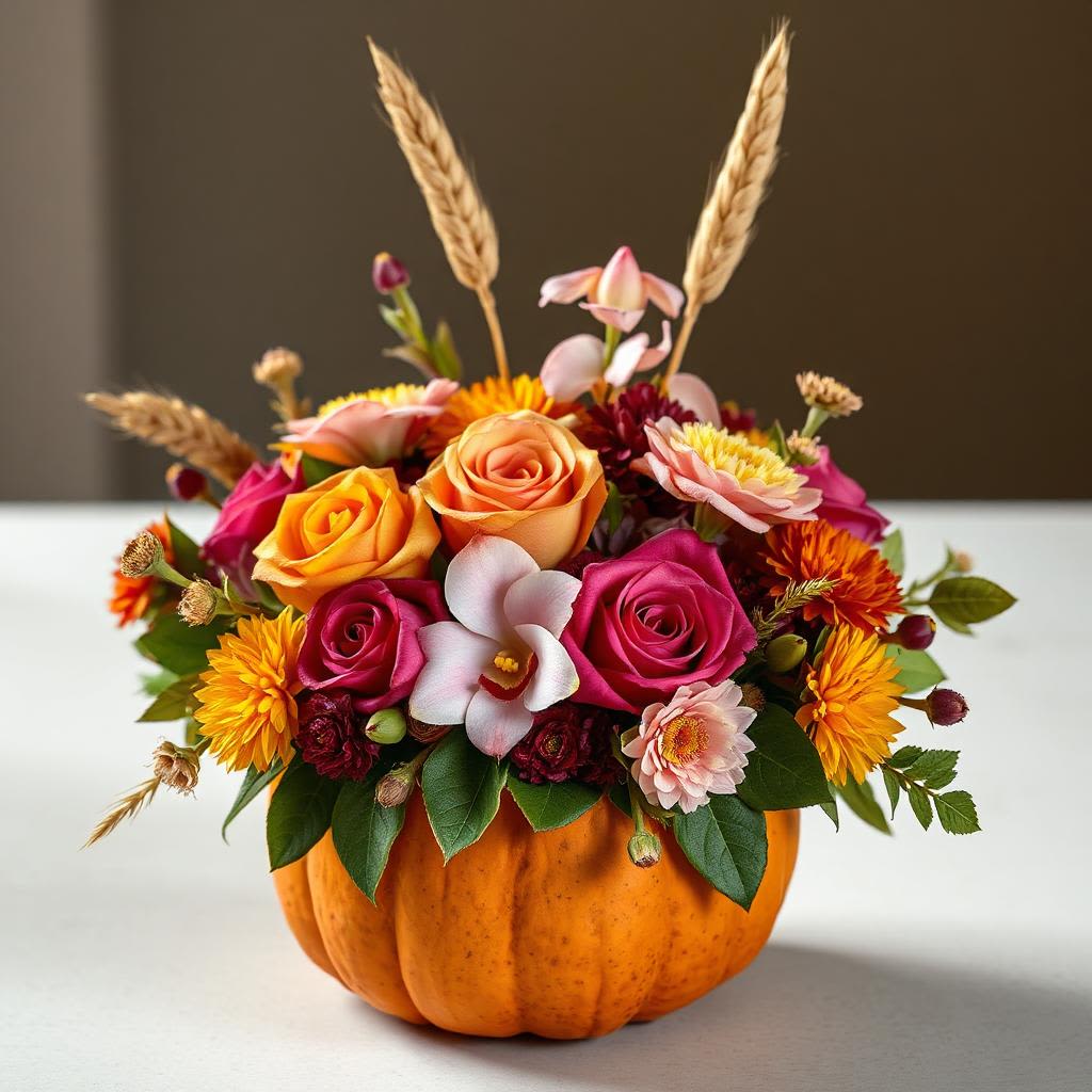 Floral arrangement in a pumpkin container with roses and daisies