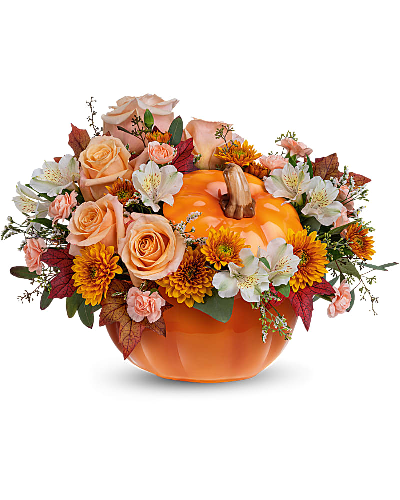 Hello Pumpkin Bouquet - Sale 10$ off - Welcome Fall into your home with this warm and cozy, Hello Pumpkin arrangement. The autumnal mix will add a sophisticated touch with crème roses combined with the warm hues of bronze chrysanthemums and peach mini carnations! This charming arrangement features crème roses, white alstroemerias, peach miniature carnations, bronze cushion spray chrysanthemums, and seeded eucalyptus. Delivered in the Hauntingly Pretty Pumpkin.