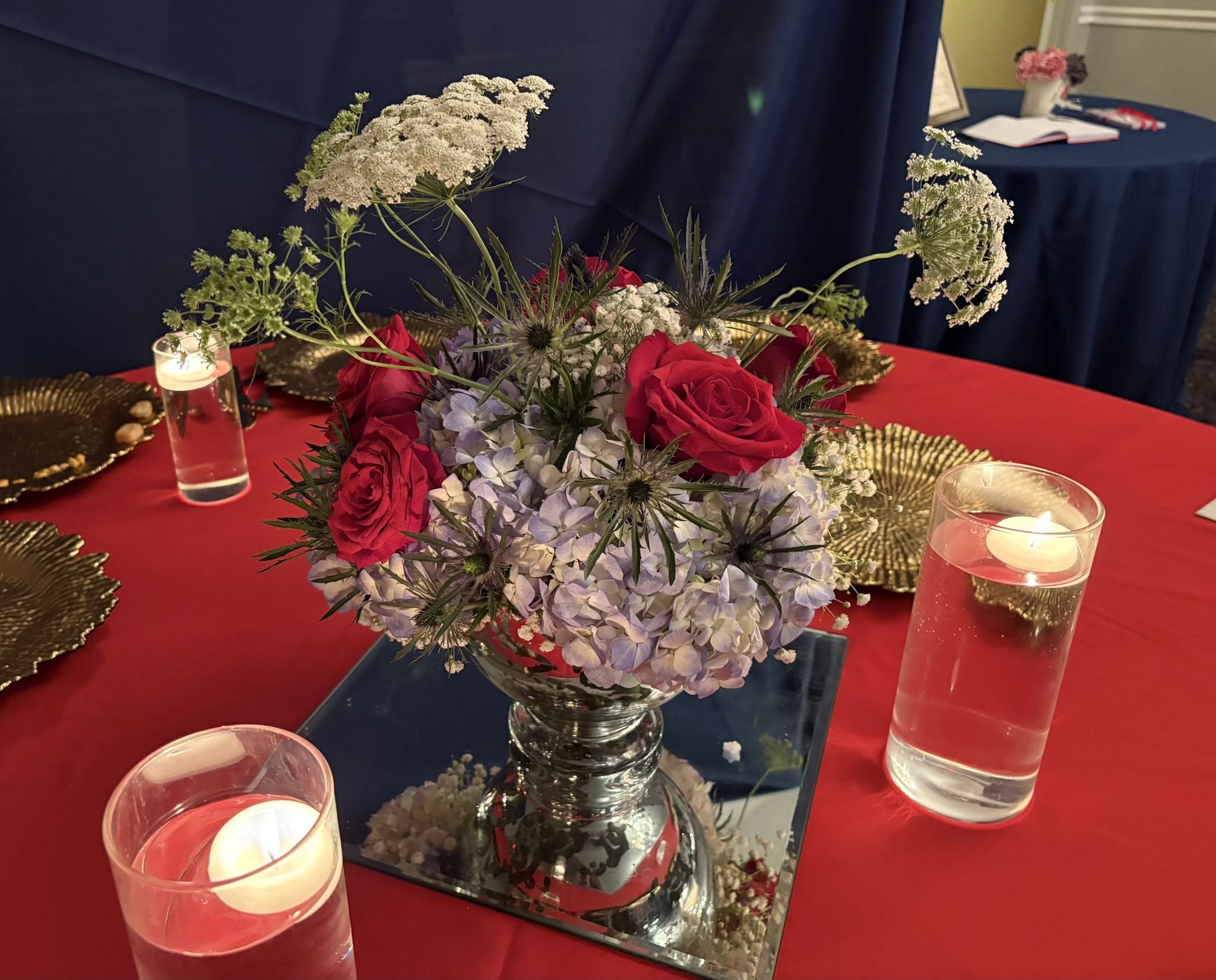 Patriotic Blast Centerpiece - The Patriotic Blast Centerpiece brings a sophisticated burst of patriotic color to your Fourth of July table. Designed in a classic centerpiece bowl, this arrangement combines freedom‑red roses, white Queen Anne’s lace, blue hydrangea, blue thistle, and delicate baby’s breath into a vibrant, textural composition that feels both festive and elegant.