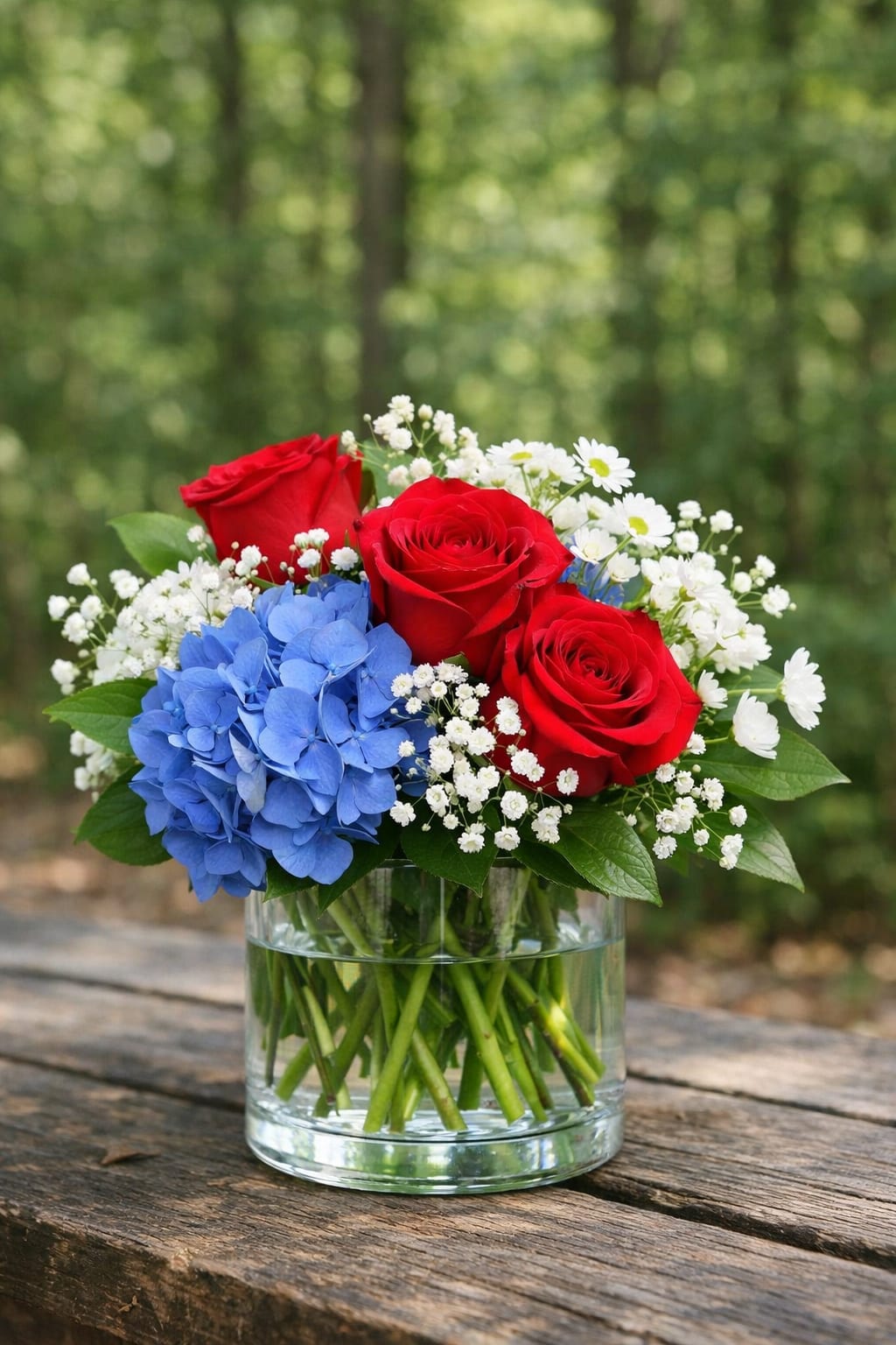 Simply Red, White, &amp; Blue - Simply Red, White, &amp; Blue captures classic patriotic beauty in a clear cylinder vase. Featuring radiant red blooms, blue hydrangea, and white flowers, this design offers effortless charm and balance. Perfect for summer gatherings, holiday tables, or everyday celebration of American spirit, it’s a timeless arrangement that feels fresh, cheerful, and beautifully simple.