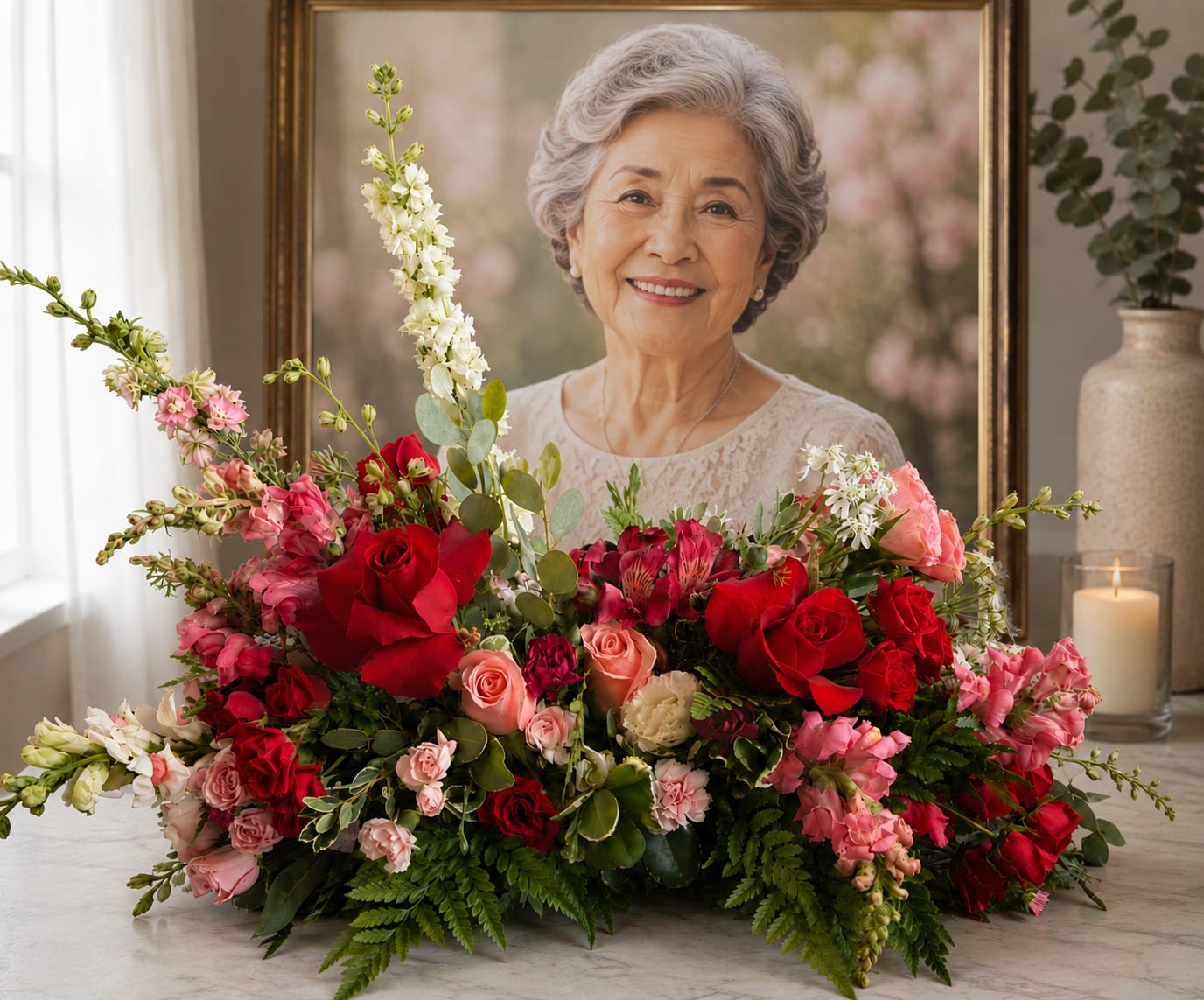 Large floral arrangement with red and pink roses and white spikes in a vase