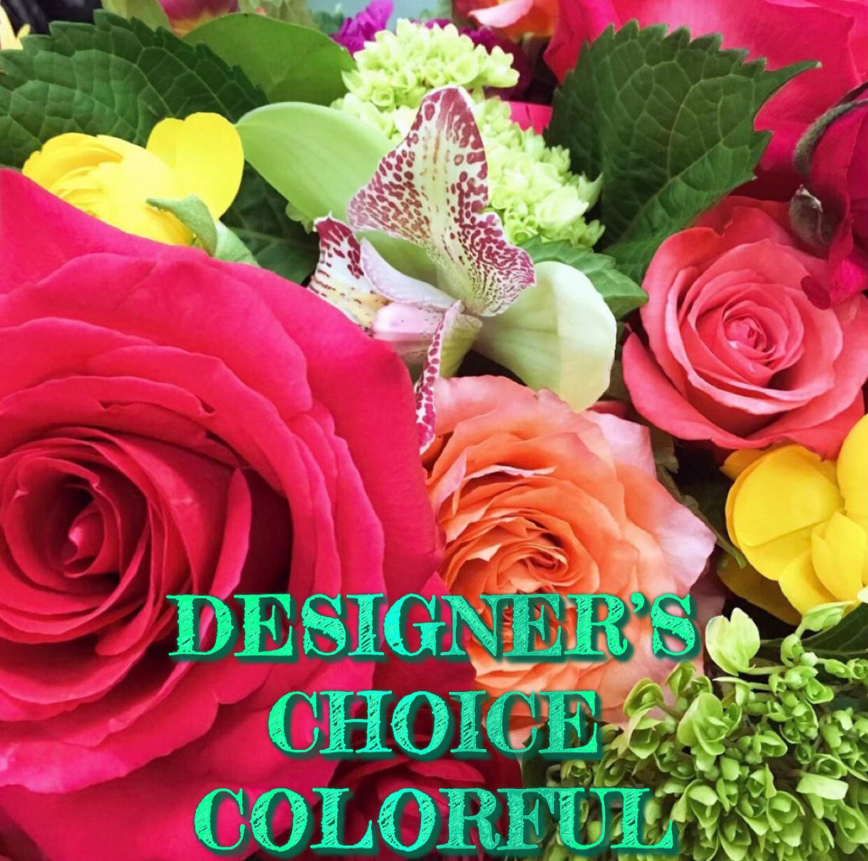 Bright mixed bouquet with roses and orchids in pink, yellow, and peach