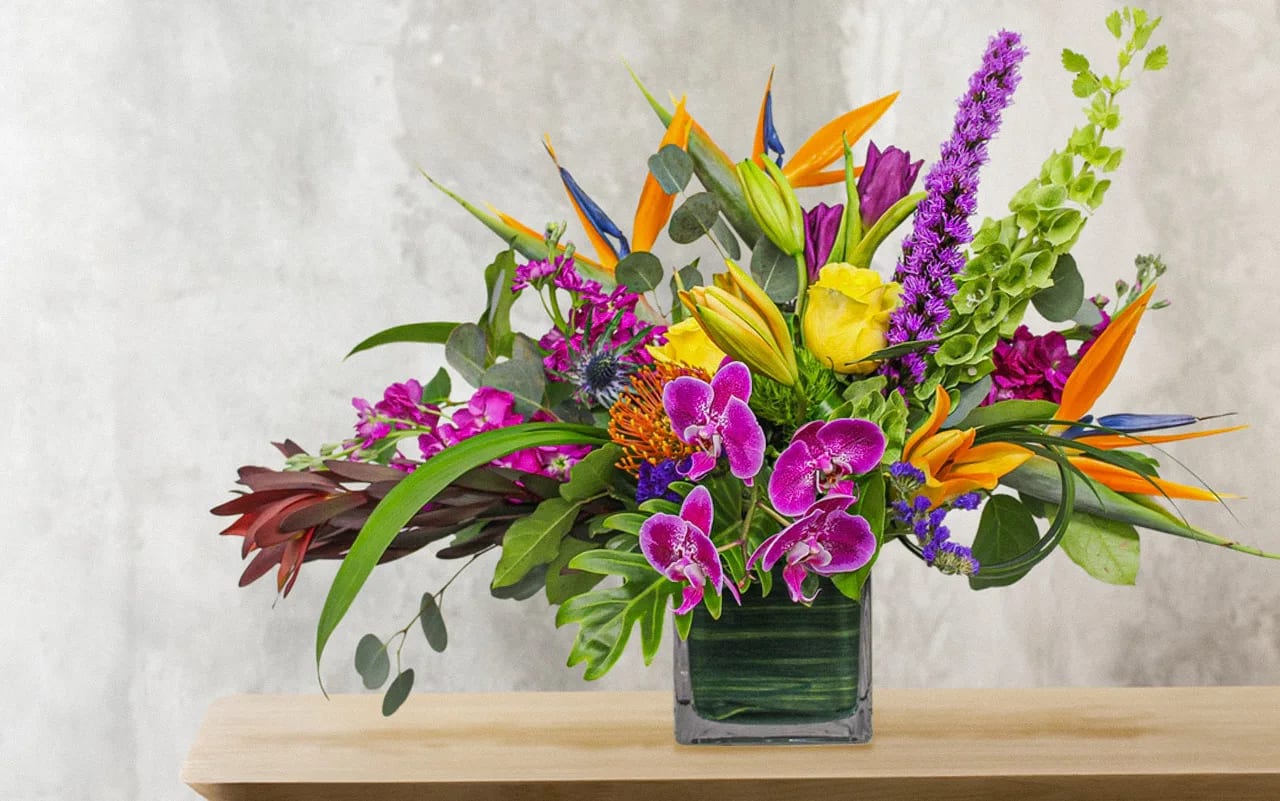 Tropical bouquet with purple orchids and orange bird-of-paradise in a square vase