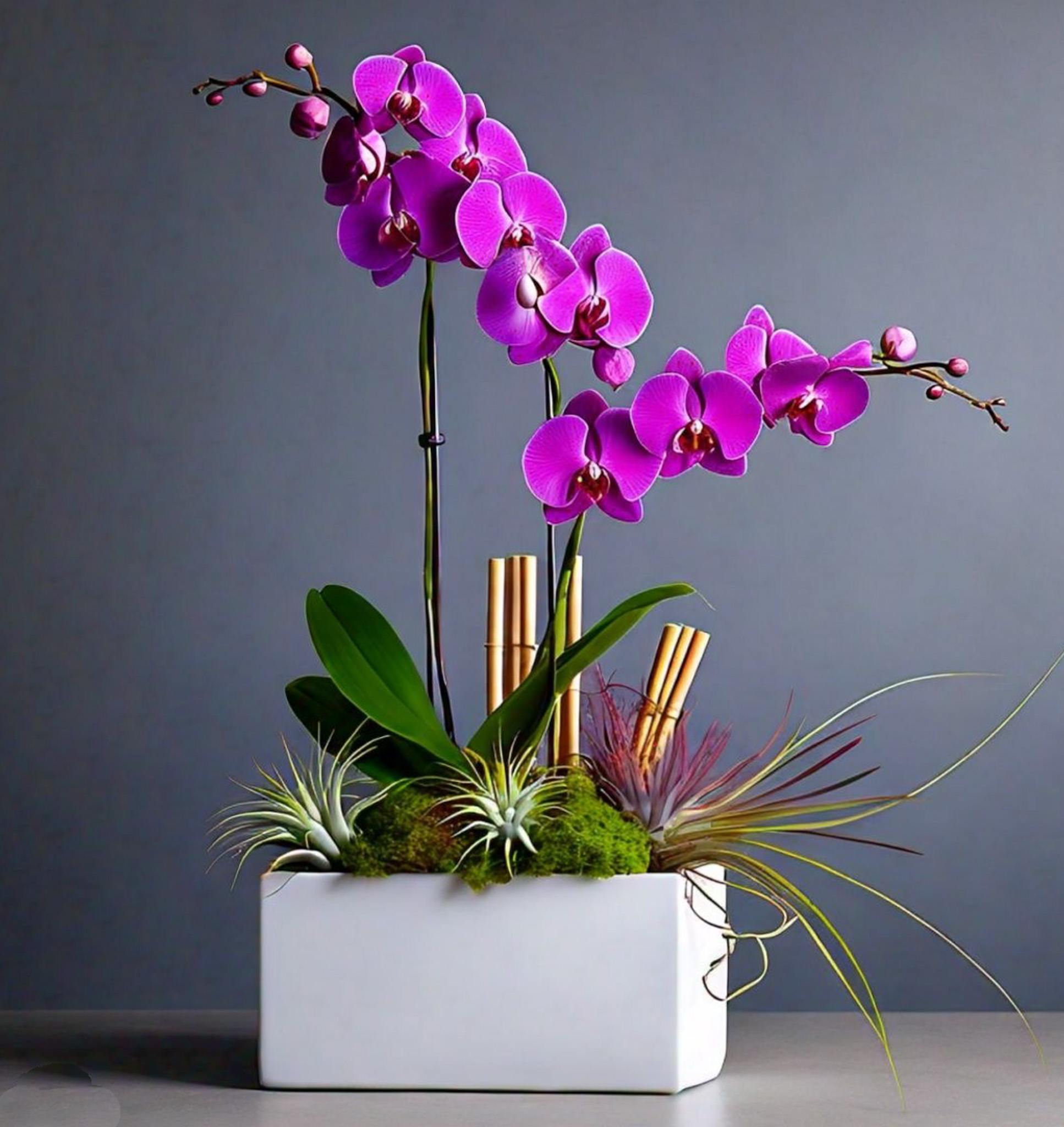 Purple orchid arrangement in a white rectangular planter
