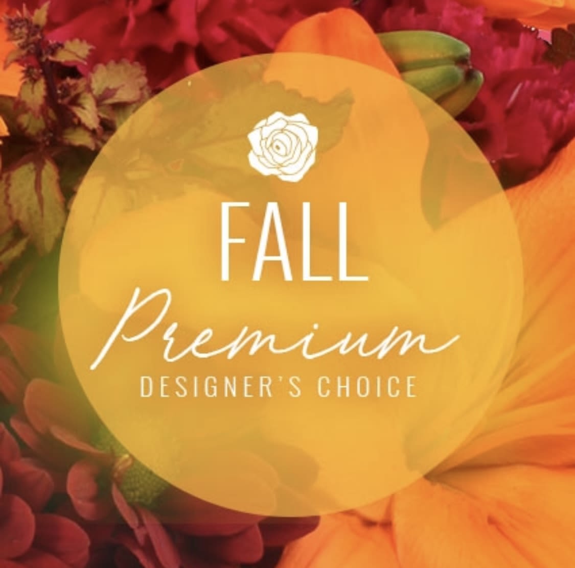 Fall-themed floral design with orange and red blooms and a text overlay