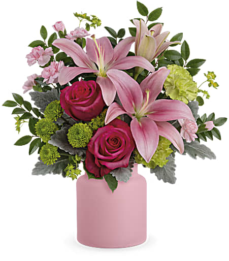 Savannah Blush Bouquet - Lush blush blooms and a charming frosted glass jar make this a pretty present they'll never forget!