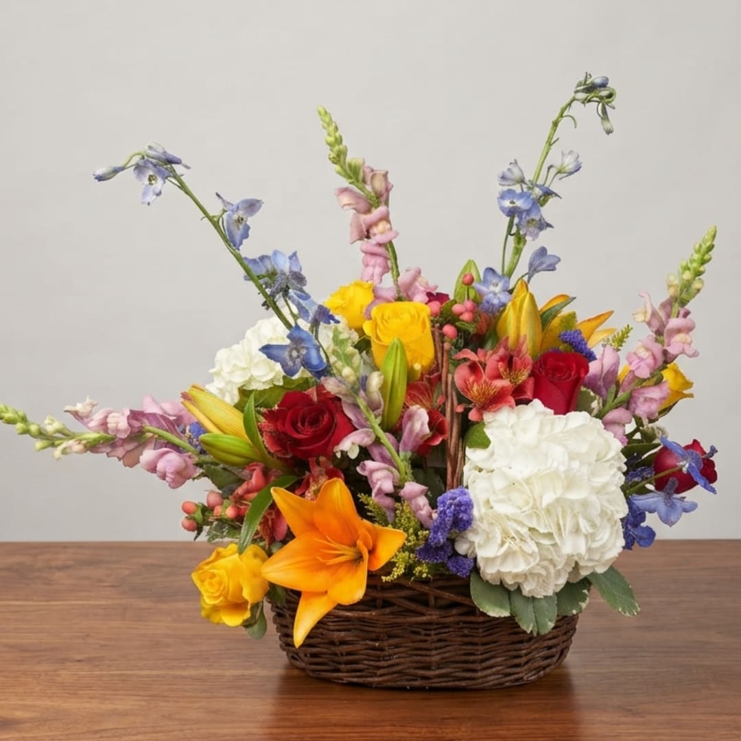 Mixed flower arrangement in a wicker basket with lilies, roses, hydrangea, and tall blue blooms